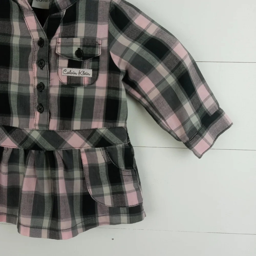 Calvin Klein girls 3-6 mos light pink with gray plaid long sleeve ruffle dress